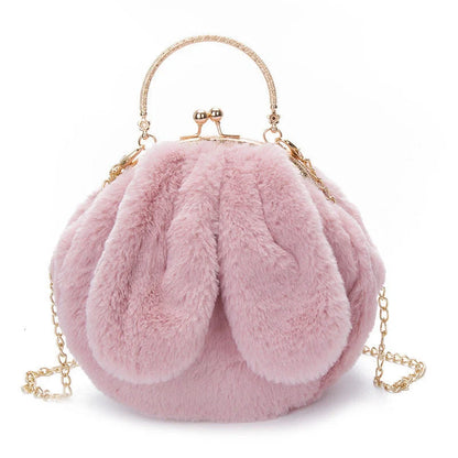 Trendy faux fur rabbit ear messenger bag in various colors including black, grey, pink, white, red, purple, and dark pink