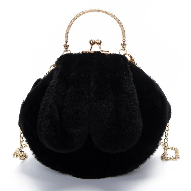 Trendy faux fur rabbit ear messenger bag in various colors including black, grey, pink, white, red, purple, and dark pink