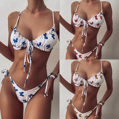 Butterfly printed bikini set with adjustable straps in multiple colors