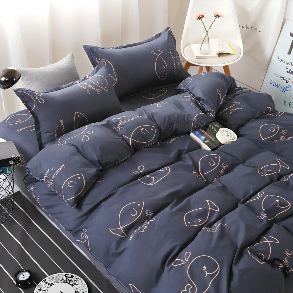 Four-piece cotton quilt core set in navy blue pattern, 230cm x 250cm size for king beds with layered insulation