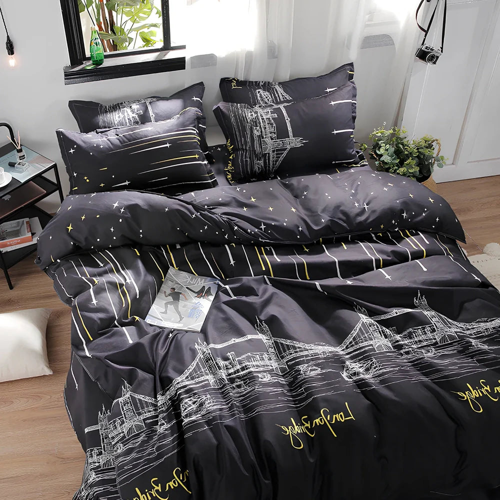 Four-piece cotton quilt core set in navy blue pattern, 230cm x 250cm size for king beds with layered insulation