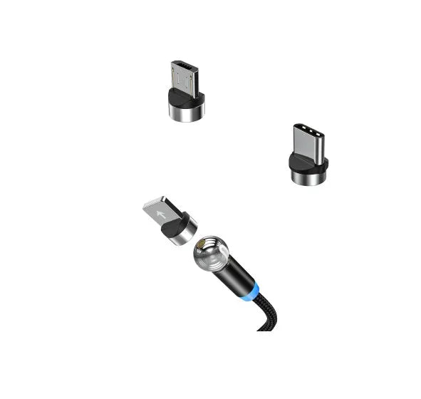 Black spherical magnetic charging cable with rotating head next to iPhone and Android phones