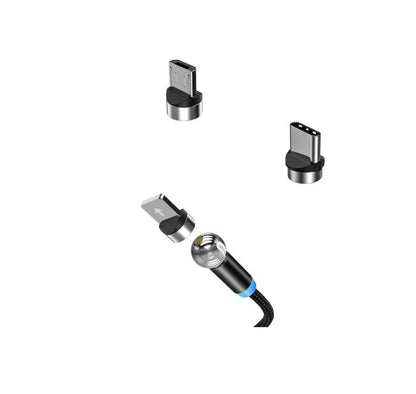 Black spherical magnetic charging cable with rotating head next to iPhone and Android phones