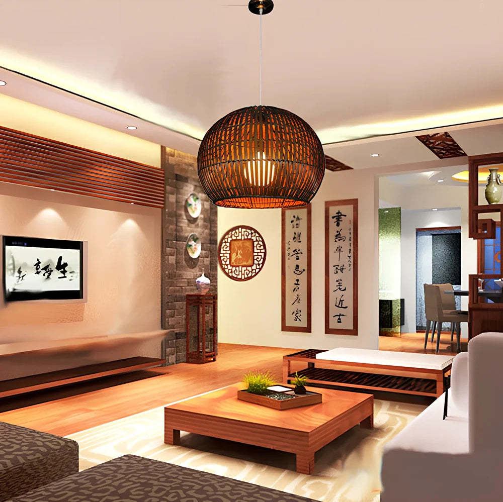 Bamboo art lamp rattan chandelier in Fujimoto colour, 30x25cm size with 1.2m adjustable height and LED light