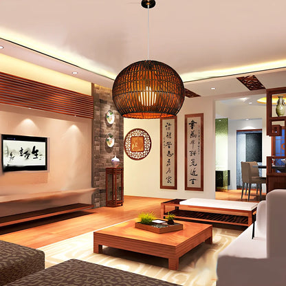 Bamboo art lamp rattan chandelier in Fujimoto colour, 30x25cm size with 1.2m adjustable height and LED light