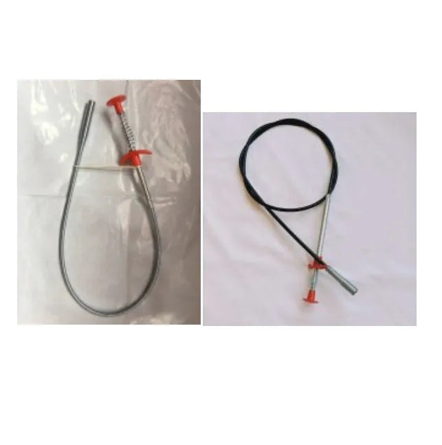 Stainless steel sewer dredge spring drain cleaning tool with a black PP handle.