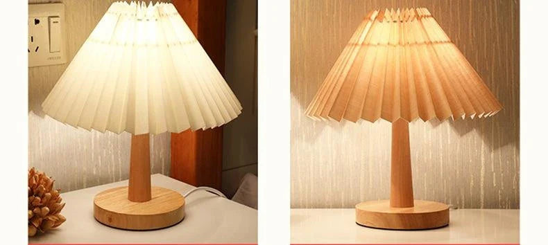 Vintage-inspired desk lamp with a pleated fabric shade, bamboo base, and touch-sensitive dimming controls