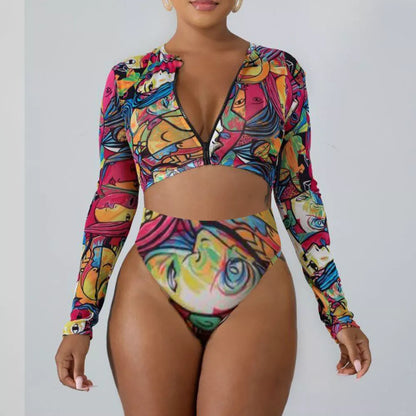 Women's long sleeve butterfly print surfing swimsuit with push-up design