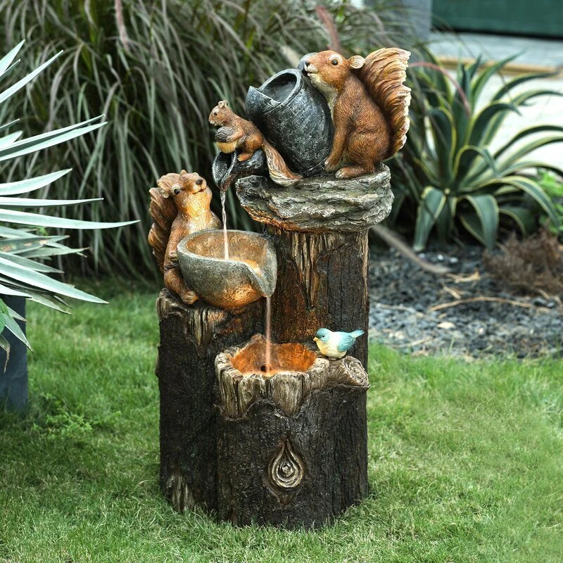 Charming duck family garden statue ornament figurine with rustic, natural finish