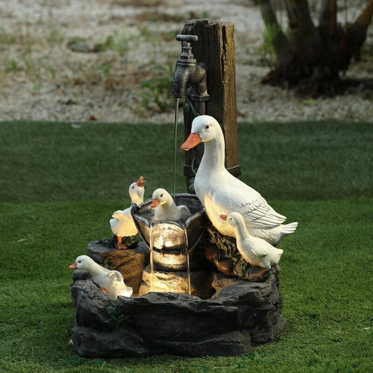Charming duck family garden statue ornament figurine with rustic, natural finish