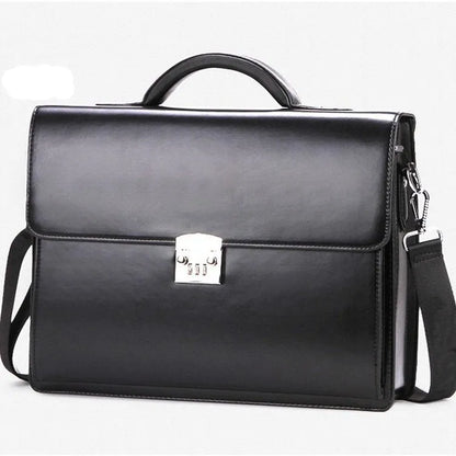 Men's black PU leather business briefcase with horizontal square shape and zipper opening