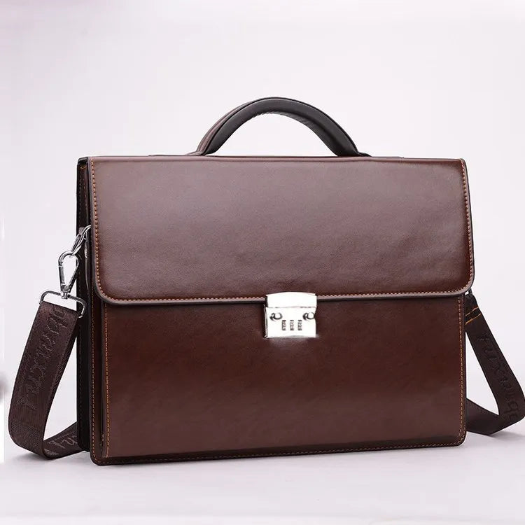 Men's black PU leather business briefcase with horizontal square shape and zipper opening