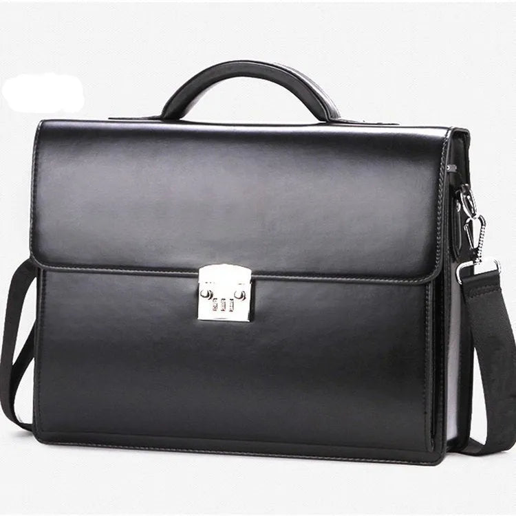 Men's black PU leather business briefcase with horizontal square shape and zipper opening