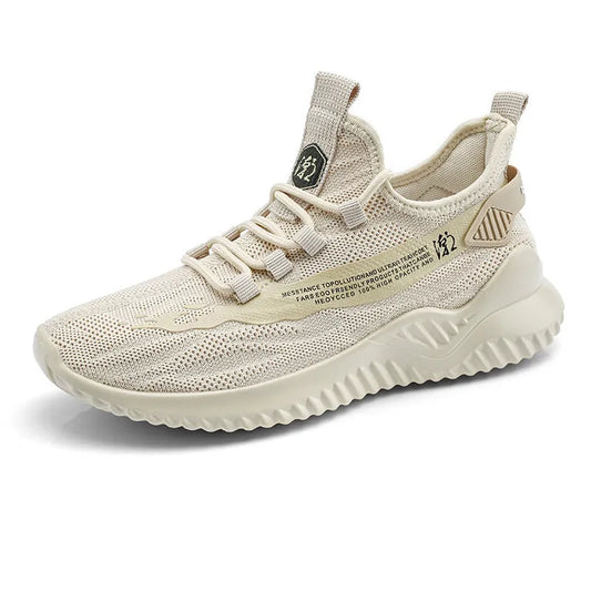 Men's white mesh sports shoes with round toe design and rubber sole, showing front tie closure and low upper height