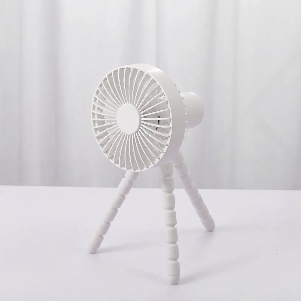 Adjustable tripod desktop fan with bending head showing 120° oscillation and removable front cover