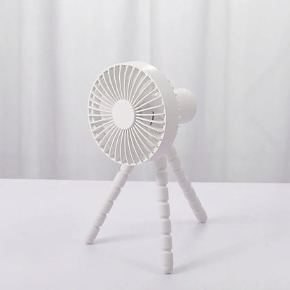 Adjustable tripod desktop fan with bending head showing 120° oscillation and removable front cover