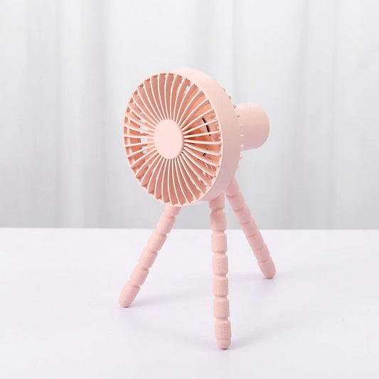 Adjustable tripod desktop fan with bending head showing 120° oscillation and removable front cover