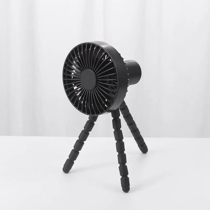 Adjustable bending head tripod fan with octopus-shaped stand in black, green, pink, or white colours
