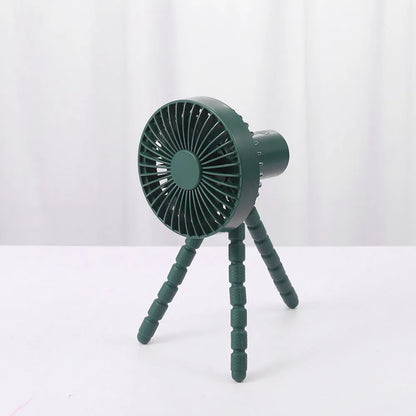 Adjustable bending head tripod fan with octopus-shaped stand in black, green, pink, or white colours