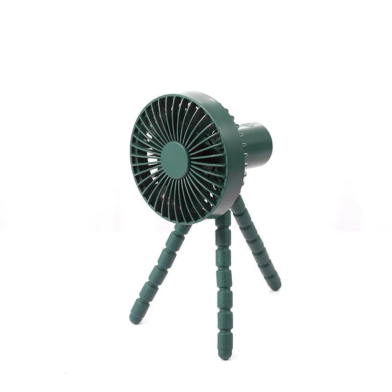 Adjustable tripod desktop fan with bending head showing 120° oscillation and removable front cover