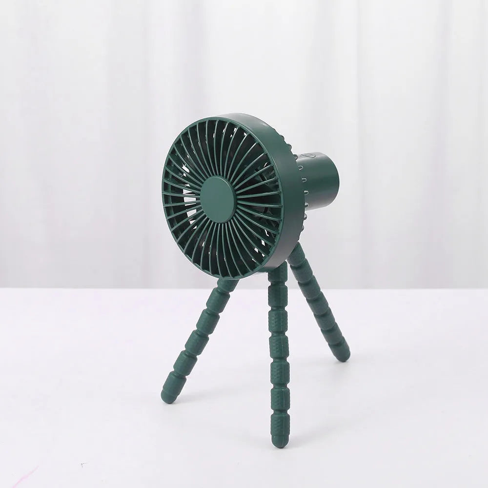 Adjustable bending head tripod fan with octopus-shaped stand in black, green, pink, or white colours