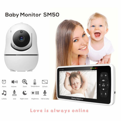 White baby monitor with 5-inch colour display showing baby monitoring interface
