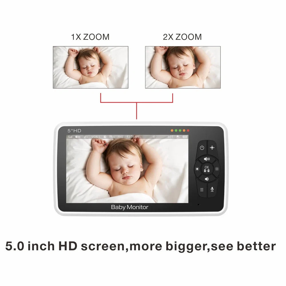 White baby monitor with 5-inch colour display showing baby monitoring interface