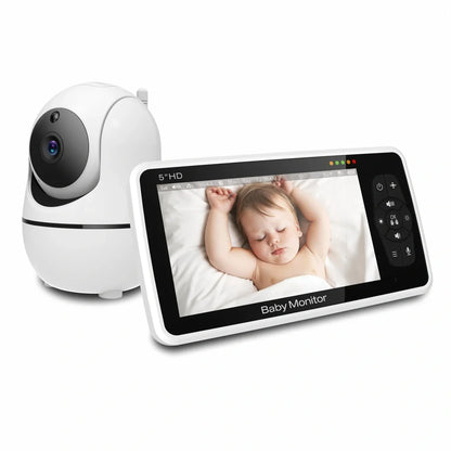 White baby monitor with 5-inch colour display showing baby monitoring interface
