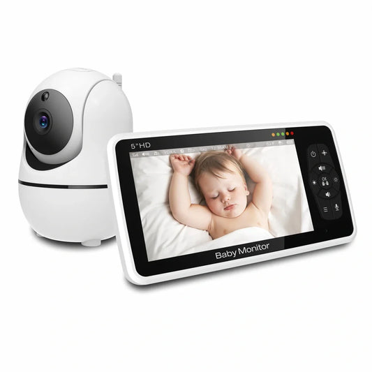 White baby monitor with 5-inch colour display showing baby monitoring interface