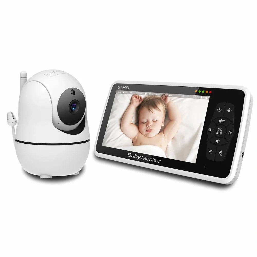 White baby monitor with 5-inch colour display showing baby monitoring interface