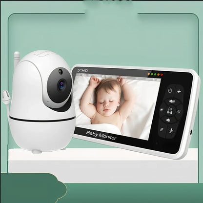 White baby monitor with 5-inch colour display showing baby monitoring interface