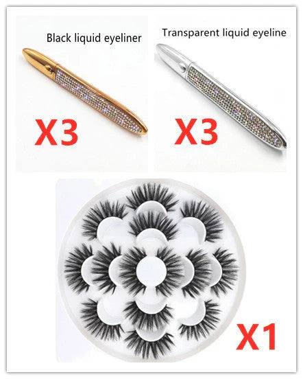 Multifunctional Self-Adhesive Eyeliner & Lashes Set with Black, Coffee, and Transparent Eyeliner Options and Full Diamond, Pearl, and Silver Lash Finishes