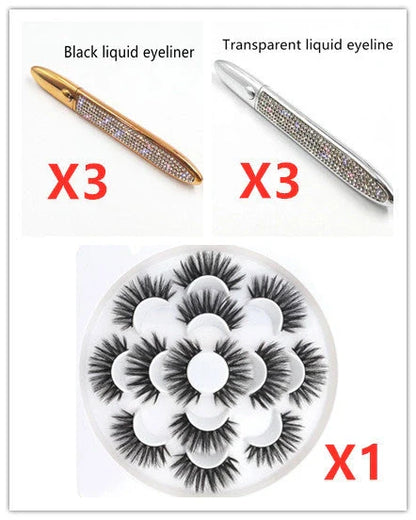 Multifunctional Self-Adhesive Eyeliner & Lashes Set with Black, Coffee, and Transparent Eyeliner Options and Full Diamond, Pearl, and Silver Lash Finishes