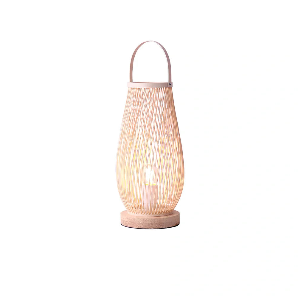 Japanese style bamboo woven bedside lamp measuring 15cm diameter 45cm height with minimalist design