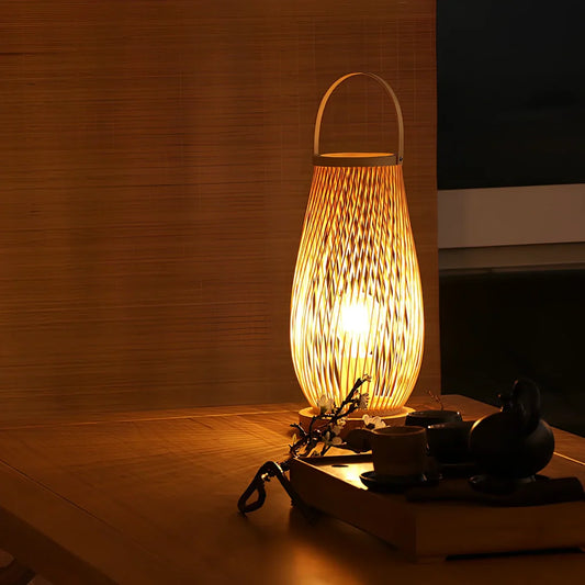 Japanese style bamboo woven bedside lamp measuring 15cm diameter 45cm height with minimalist design