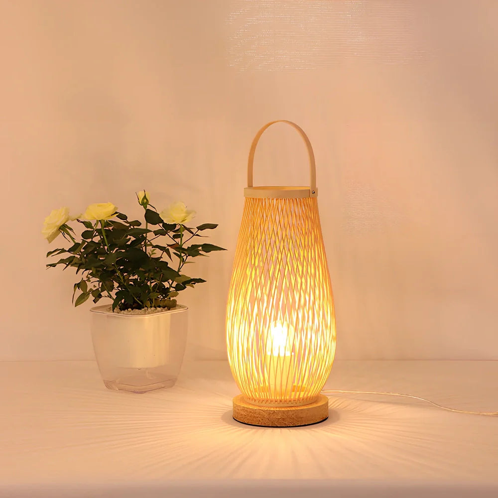 Japanese style bamboo woven bedside lamp measuring 15cm diameter 45cm height with minimalist design
