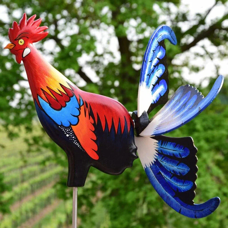 Handmade rooster windmill garden statue with vibrant colors and waterproof design