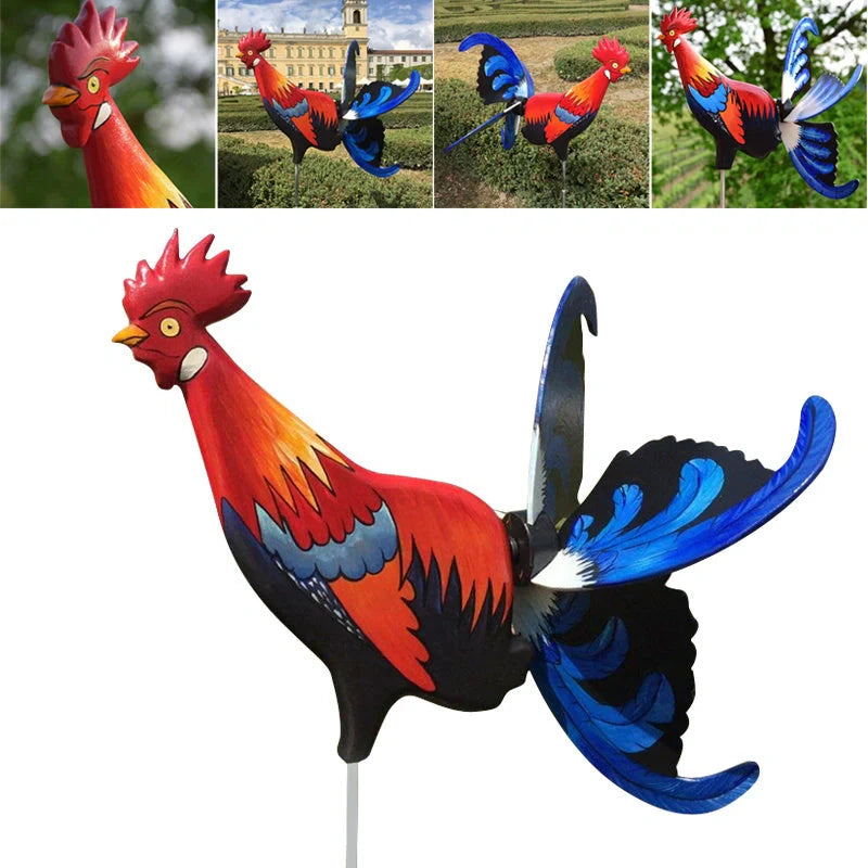 Handmade rooster windmill garden statue with vibrant colors and waterproof design