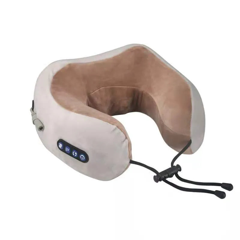 Electric neck massager pillow U-shaped design provides shoulder and back relaxation with 3-speed kneading, vibration, and constant temperature heating functions, rechargeable USB power supply, brown colour, adjustable timing control