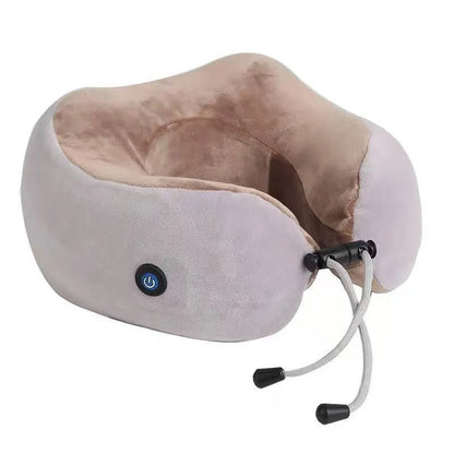 Brown U-shaped electric neck massage pillow with control buttons showing kneading and heating functions