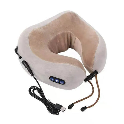 Brown U-shaped electric neck massage pillow with control buttons showing kneading and heating functions