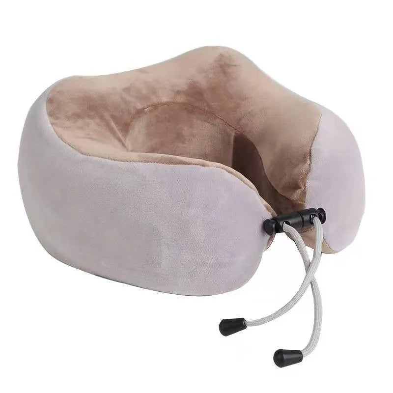 Brown U-shaped electric neck massage pillow with control buttons showing kneading and heating functions