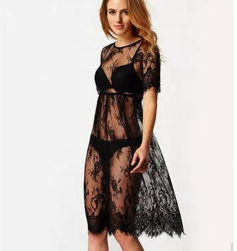 Women's black lace crochet bikini cover-up beach dress with elastic waist