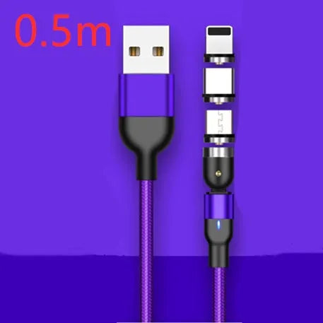 Magnetic data cable with rotating head, three-in-one connector, black purple red, 0.5m 1m 2m lengths
