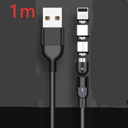 Magnetic data cable with rotating head, three-in-one connector, black purple red, 0.5m 1m 2m lengths