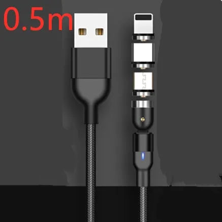 Magnetic data cable with rotating head, three-in-one connector, black purple red, 0.5m 1m 2m lengths