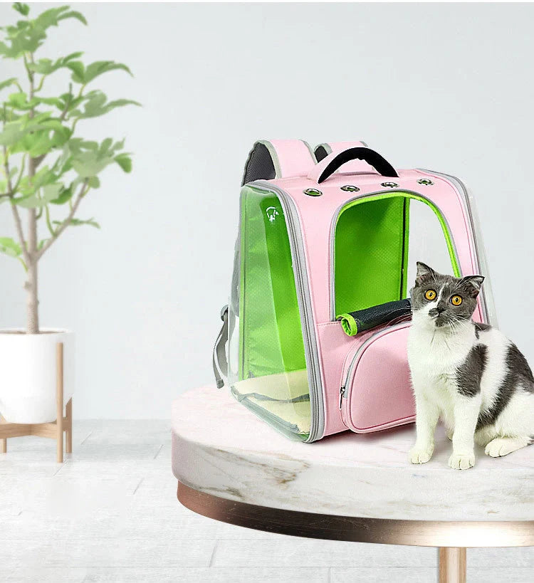 Portable Transparent Space Capsule Cat Bag in various colors, showcasing foldable design and panoramic view