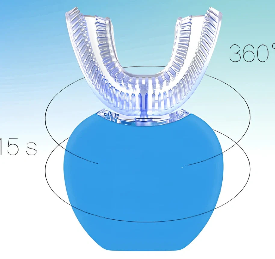Black ultrasonic electric toothbrush with U-shaped design showing magnetic charging base and USB cable