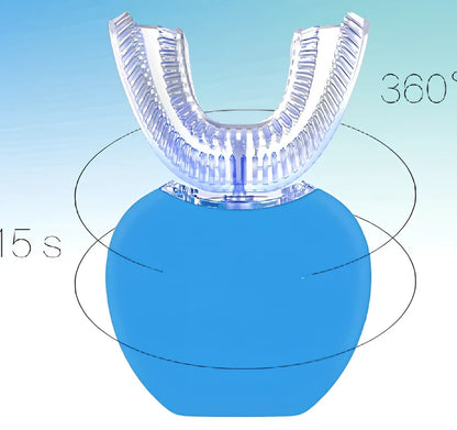 Black ultrasonic electric toothbrush with U-shaped design showing magnetic charging base and USB cable