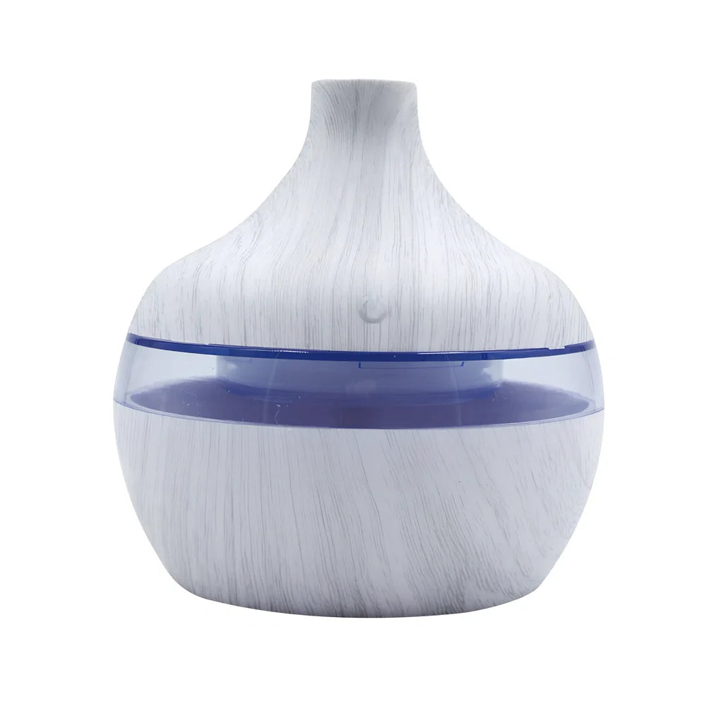 Yellow wood grain USB humidifier measuring 110x110mm with 300ml water tank and LED lighting